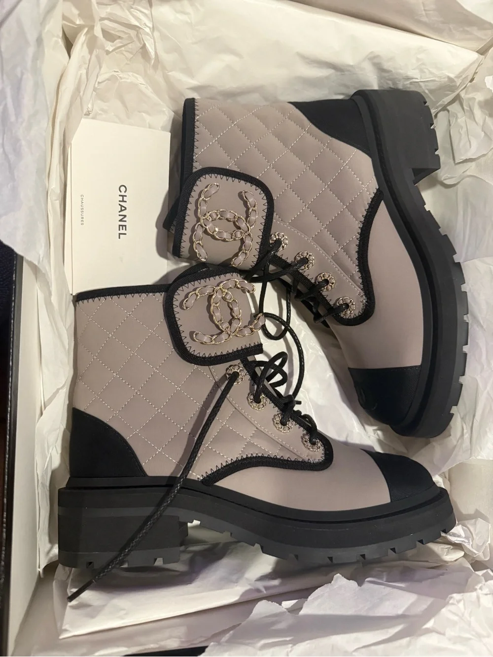 Chanel Two-Tone Quilted Lace-Up Ankle Boot in Grey and Black